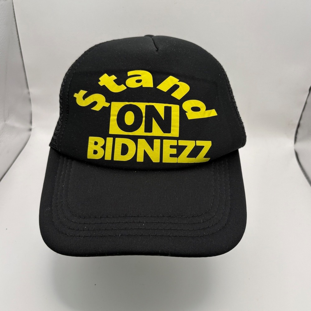 Black Mesh Trucker Hat‎ "Stand On Bidnezz" Yellow Graphic Print Snapback